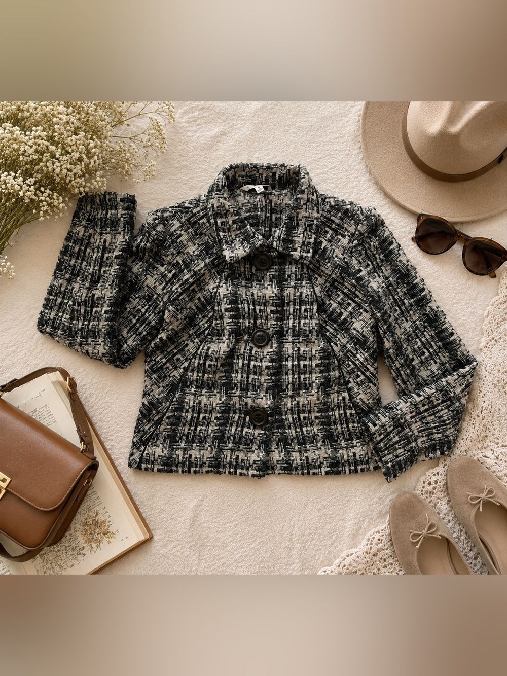 CAbi Style 630 Black Cream Tweed Boucle Button Front Jacket Size S